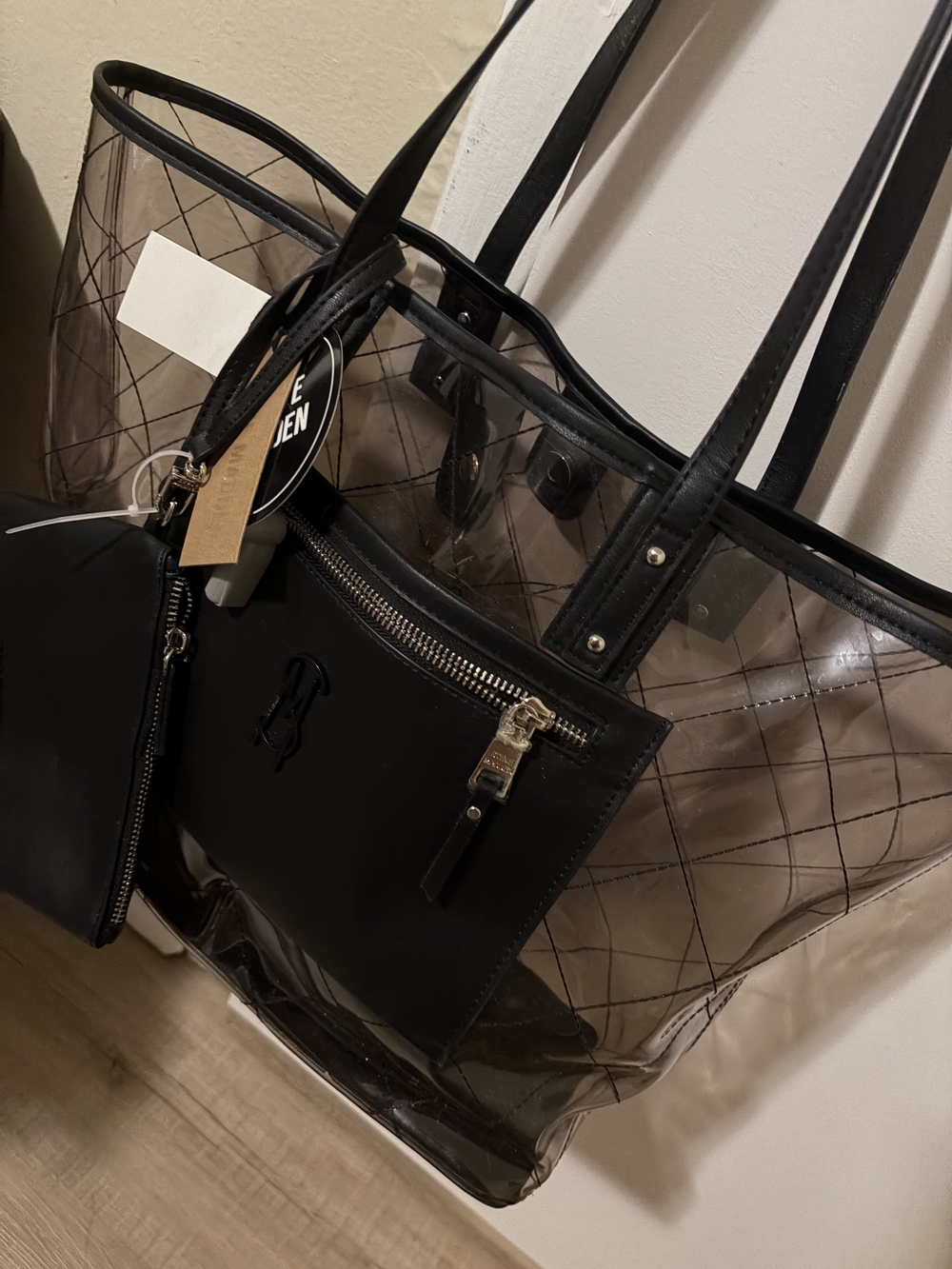Steve Madden Clear Quilted Tote with Black Trim and Pouch